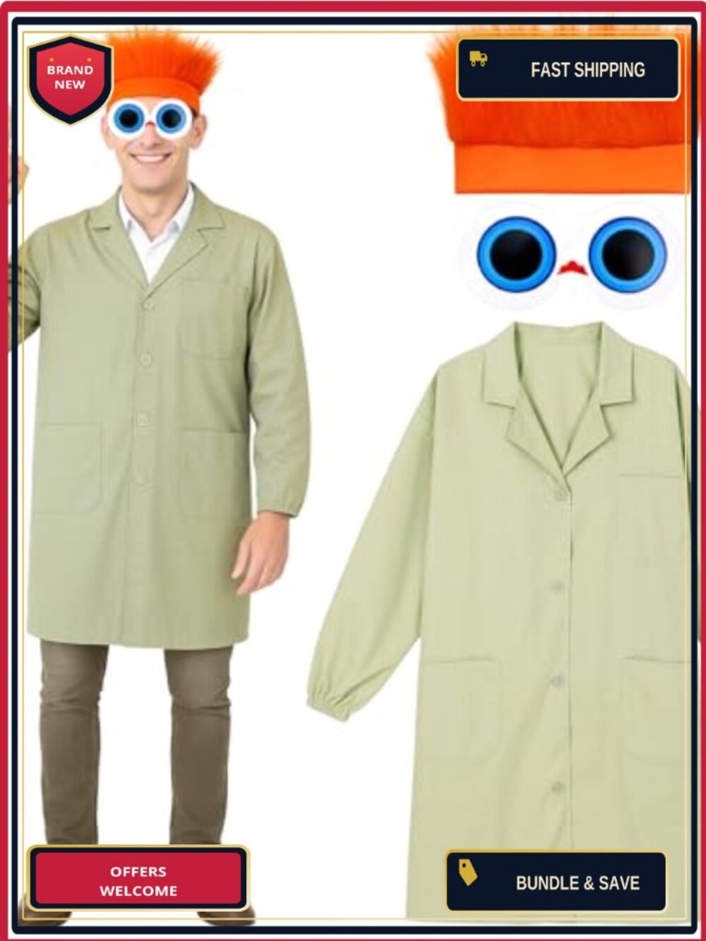 SATINIOR Adult Scientist Costume Set Lab Coat Wig Eyeball Glasses Cosplay
